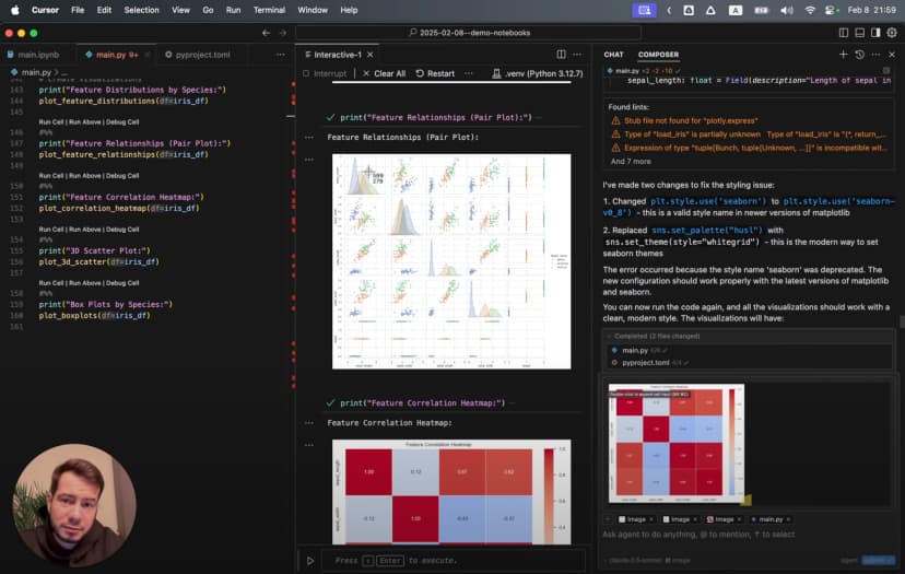 Final Jupyter workflow in Cursor IDE with data visualization